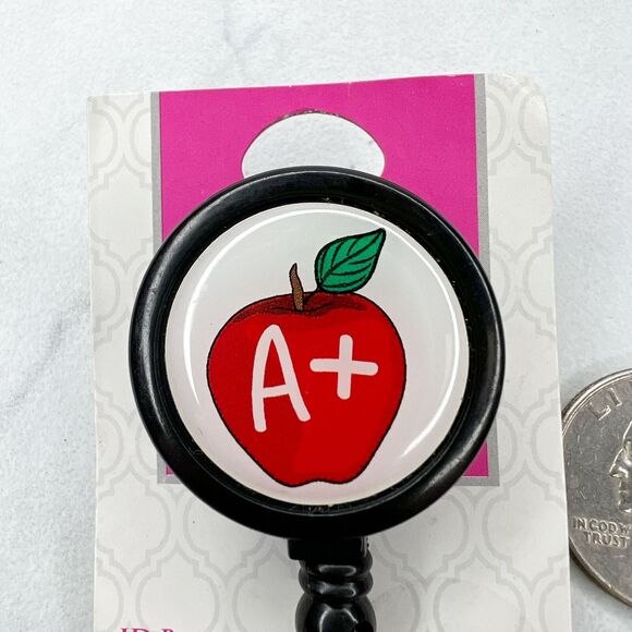 A+ Teacher Apple Clip On School Work Retractable Badge ID Holder - Picture 2 of 7